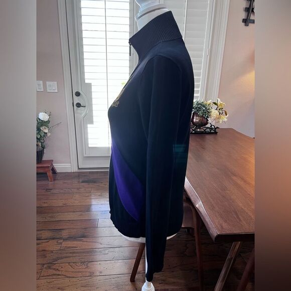 VINTAGE LAUREN RALPH LAUREN PURPLE  BLACK FULL ZIP SWEATER GOLD CREST Sz M - Picture 4 of 10